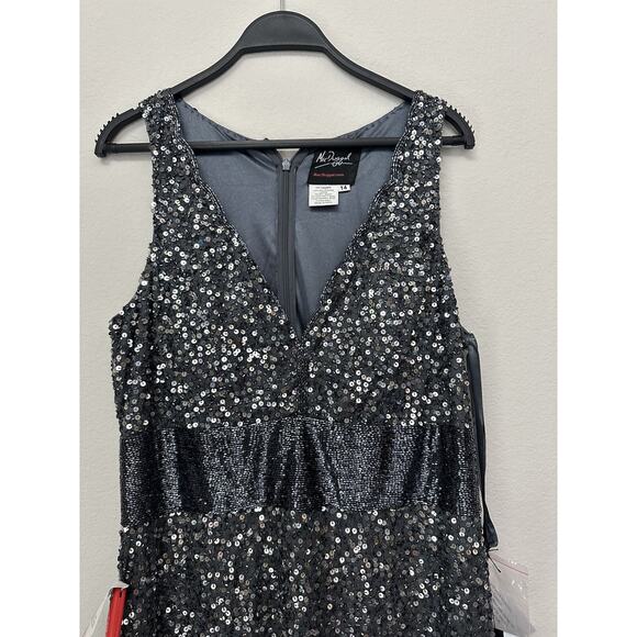 NWT Mac Duggal Gray Sequined Sleeveless V-neck Cocktail Dress Size 14 - Picture 2 of 16